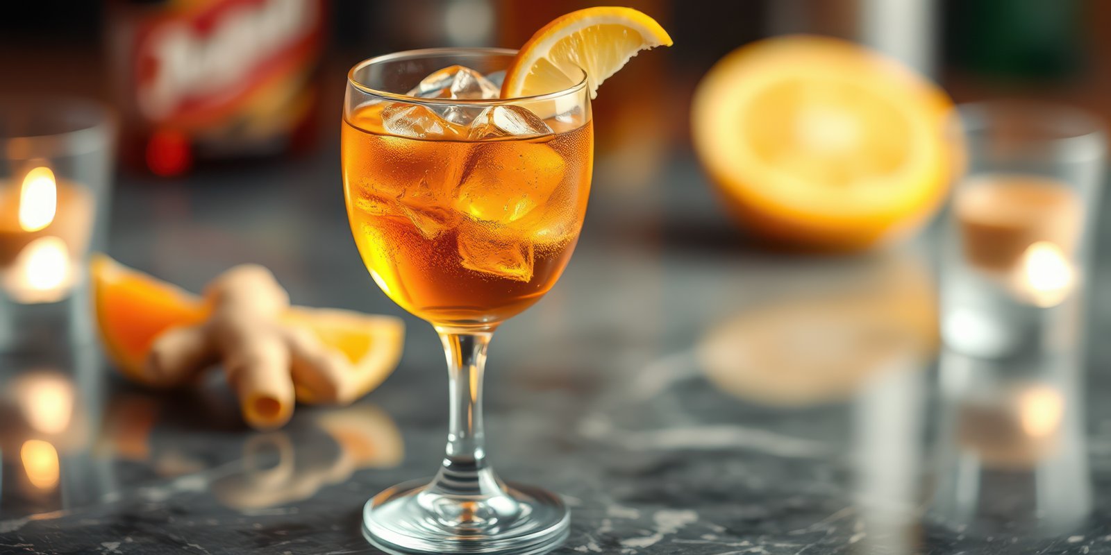Refreshing cocktail garnished with orange slice served on marble table in cozy bar atmosphere